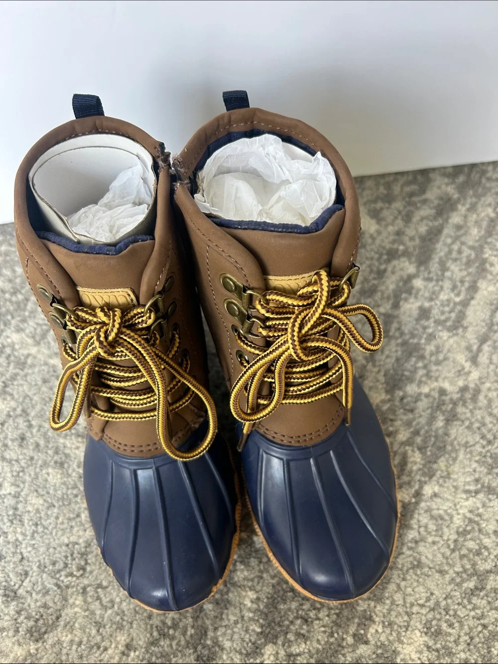 New, 13 Little Boys Crown & Ivy Duck Boot, Brown and Navy, Waterproof